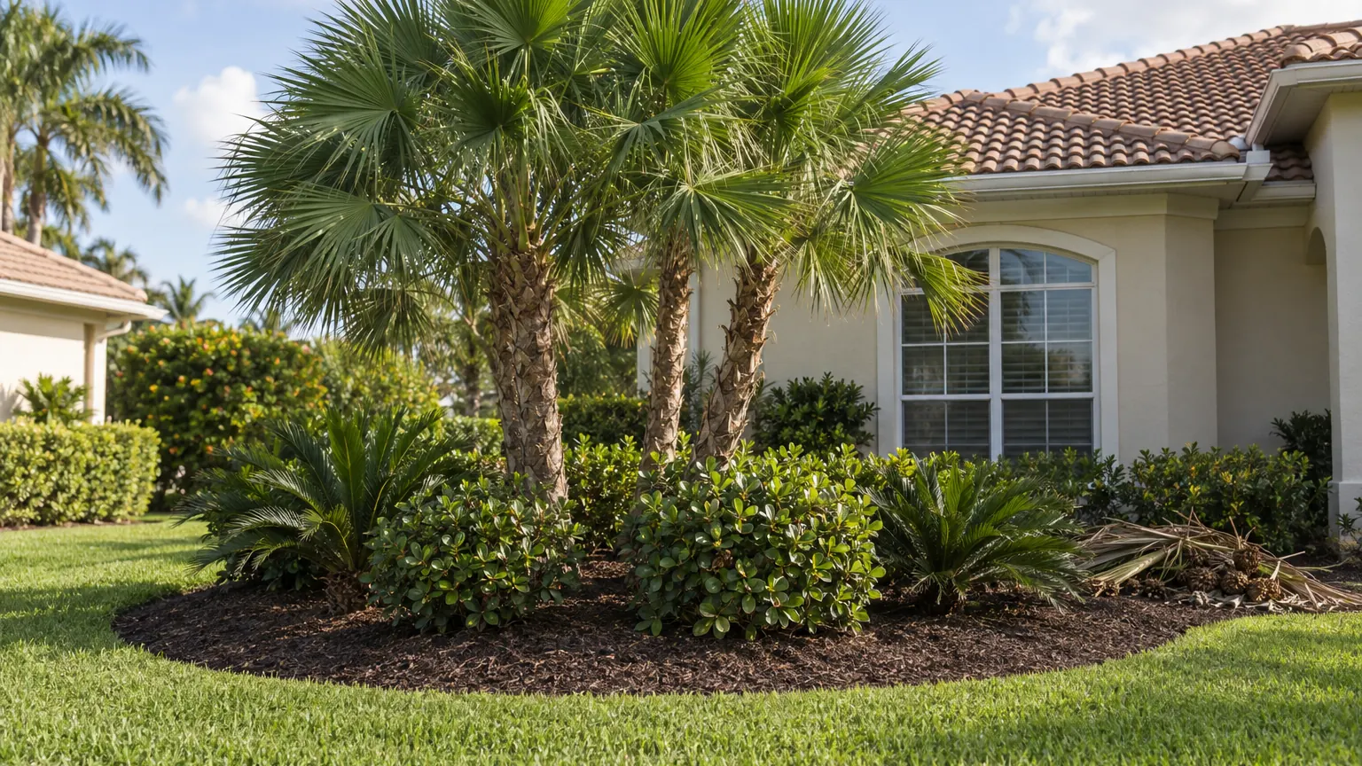 Freshly mulched and edged palm bed beside a St. Augustine lawn after a Southwest Florida fall cleanup