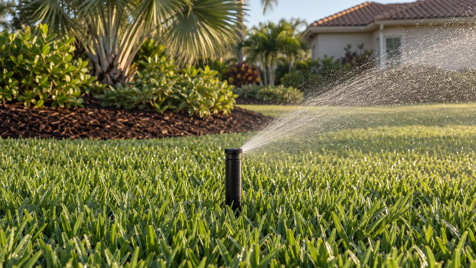 Pop-up sprinkler head watering a St. Augustine lawn in Sarasota, illustrating fall irrigation checks in Florida