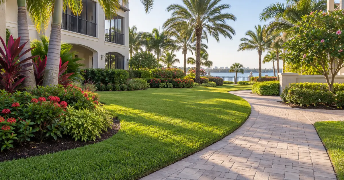 Evenly irrigated Sarasota HOA lawn and tropical beds after an irrigation audit